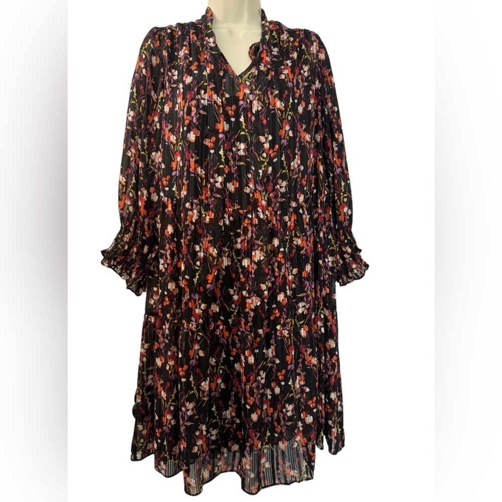 Maison Tara Floral Long Sleeve Midi Dress, Size 10, Shimmering Detail
